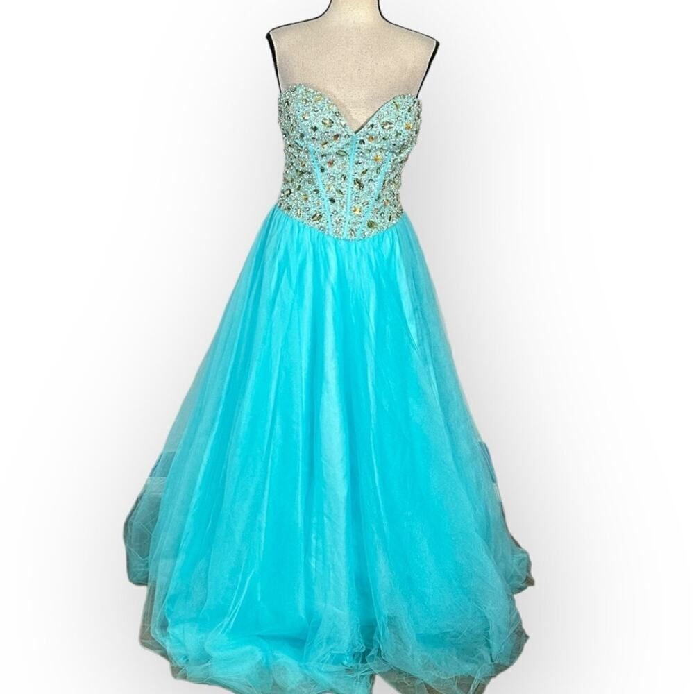 Terani Couture Formal Gown Women's Med Blue Embellished Strapless A-Line Maxi